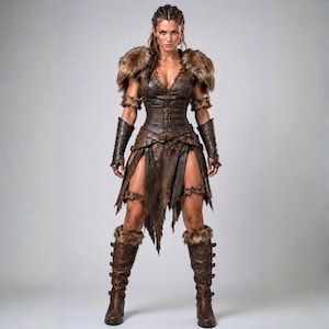 May include: A brown leather-like costume featuring a bodice with multiple buckles, a tattered skirt, and fur-trimmed shoulder pauldrons. The outfit includes matching forearm gauntlets and knee-high boots with fur cuffs and buckle closures.