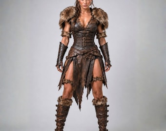 May include: A brown leather-like costume featuring a bodice with multiple buckles, a tattered skirt, and fur-trimmed shoulder pauldrons. The outfit includes matching forearm gauntlets and knee-high boots with fur cuffs and buckle closures.