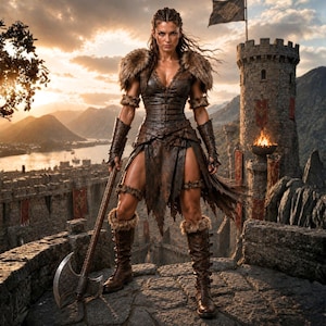 May include: A warrior costume featuring a brown leather bodice with buckles, a tattered skirt, fur-trimmed shoulder pauldrons, arm bracers, and knee-high boots. The outfit is paired with a long-handled battle axe with a large metal blade.