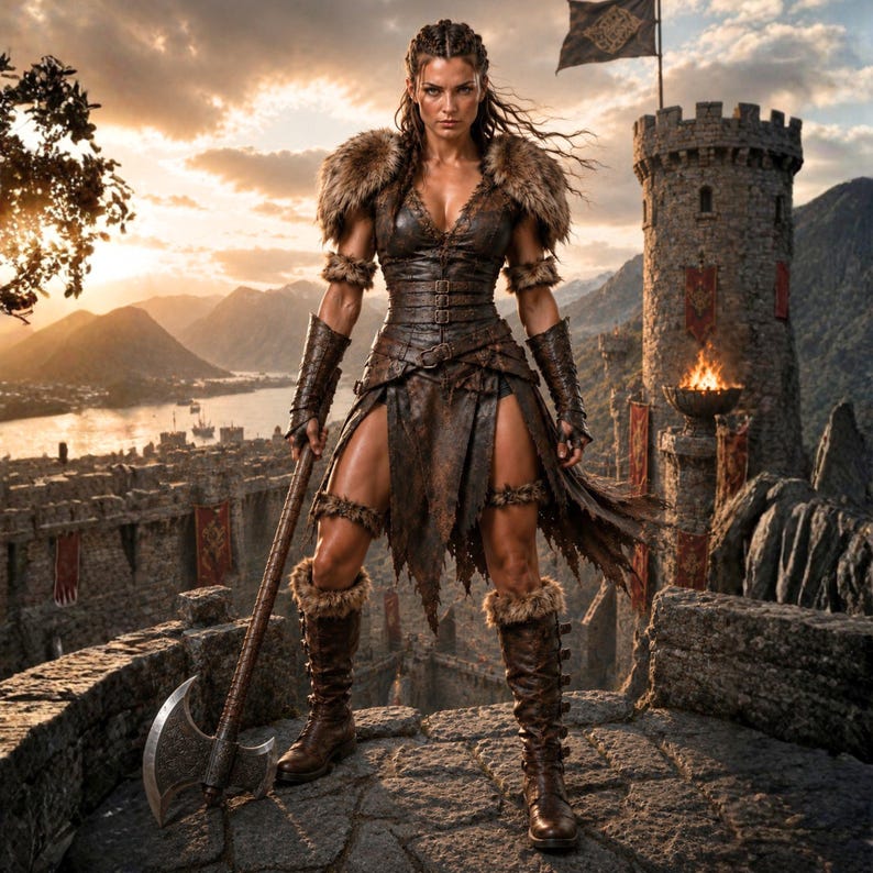 May include: A warrior costume featuring a brown leather bodice with buckles, a tattered skirt, fur-trimmed shoulder pauldrons, arm bracers, and knee-high boots. The outfit is paired with a long-handled battle axe with a large metal blade.