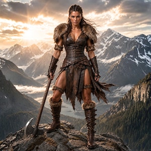 May include: A warrior costume featuring a brown leather bodice with buckles, a tattered skirt, fur shoulder accents, and matching arm and leg guards. The outfit includes tall brown boots with fur trim and a large metal battle axe with a wooden handle.