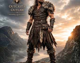 May include: A person wearing a dark brown leather tunic with fur shoulder accents, a matching belt with a small pouch, leather bracers, and a tattered skirt over dark trousers. Fur-trimmed boots complete the outfit. Text reads: OUTCAST & OUTLAW.