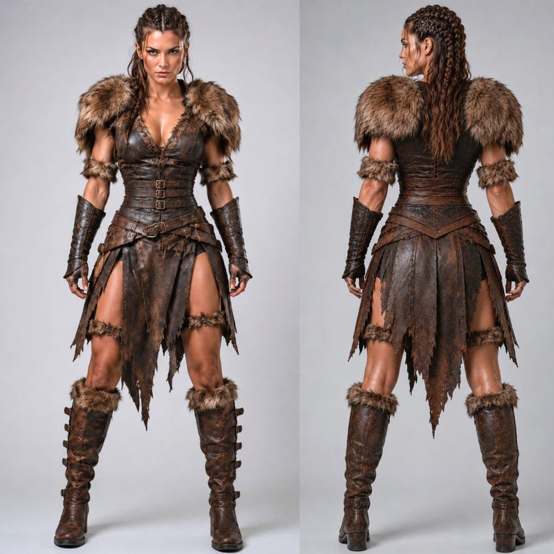 Women's Viking Shieldmaiden Costume, Female Viking Warrior Outfit, Norse Leather Armor Dress, Barbarian Queen Cosplay, Medieval Costume image 3