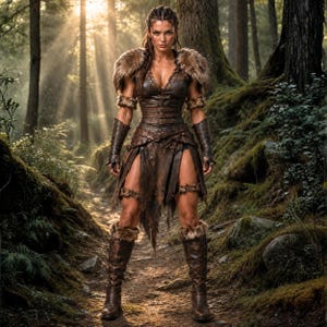 May include: A brown leather outfit featuring a sleeveless bodice with buckle straps, a tattered skirt with high side slits, fur-trimmed shoulder pauldrons, matching arm bracers, and knee-high leather boots with fur cuffs at the top and around the thighs.