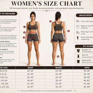 May include: A size chart infographic titled Women's Size Chart featuring two figures in dark grey athletic wear. It includes numbered instructions for measuring bust, waist, hips, shoulder width, sleeve length, and inseam, plus a US size table.