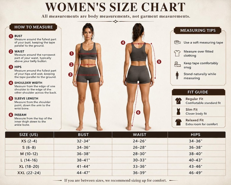 May include: A size chart infographic titled Women's Size Chart featuring two figures in dark grey athletic wear. It includes numbered instructions for measuring bust, waist, hips, shoulder width, sleeve length, and inseam, plus a US size table.