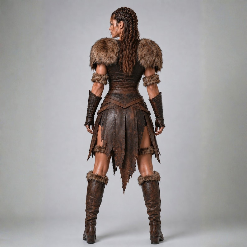 May include: A brown leather-like costume featuring a bodice with fur-trimmed shoulders, matching arm bracers, and a tattered skirt. The outfit includes fur-trimmed leg bands and tall brown boots, all designed with a weathered, textured finish.