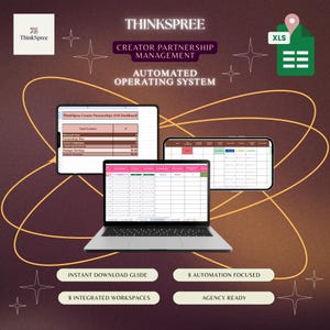 Könnte beinhalten: Eine digitale Produktdarstellung mit Laptop, Tablet und Smartphone, die das ThinkSpree Creator Partnership Management Automated Operating System Dashboard zeigt. Enthält ein XLS-Symbol, Textbeschriftungen für 8 integrierte Arbeitsbereiche und 8 automatisierungsfokussierte Funktionen auf einem dunklen Hintergrund mit Sternengrafiken.