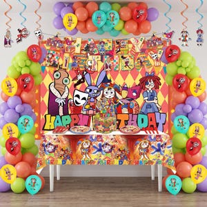 May include: A birthday party decoration set featuring a colorful backdrop with cartoon characters, a table cover, and balloons. The display includes a banner with the text Happy Birthday, hanging swirls, and various character-themed party supplies.