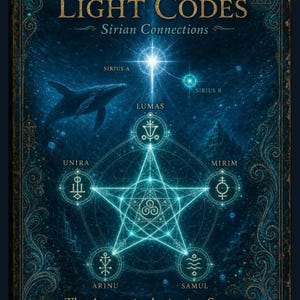 May include: A rectangular poster titled Lemurian Light Codes Sirian Connections The Aumatrix Activation System. It features a glowing blue star, a whale, and five circular symbols labeled Lumas, Unira, Mirim, Arinu, and Samul on a dark background.