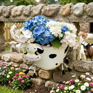 Può includere: Un vaso da fiori in metallo bianco a forma di mucca con macchie nere, un volto sorridente e quattro zampe sottili, riempito con una vivace composizione di ortensie blu e bianche, posizionato davanti a un muro in pietra rustica con animali.