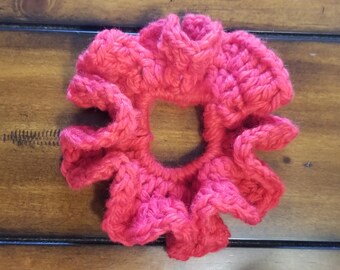 Handmade Crochet hair scrunchies made of 100 percent Wool in Maple Leaf Red, Gray & Gold-toned dark green colors. 2 for 45 dollars.