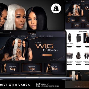 May include: A laptop screen displaying a website for The Wig Klinic, featuring three individuals with different hair textures and colors. The site includes navigation menus, product categories like Brazilian Curly and Premium Wigs, and a grid of hair products.