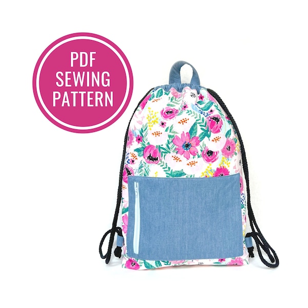 Drawstring Backpack With Zipper Pocket PDF Sewing Pattern | 2 Sizes