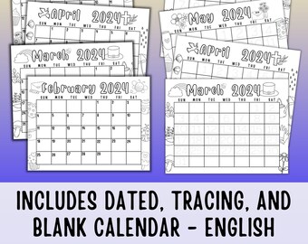 Calendario infantil para colorear y calcar 2024 / Calendario IMPRIMIBLE de 12 meses en INGLÉS / Descarga instantánea