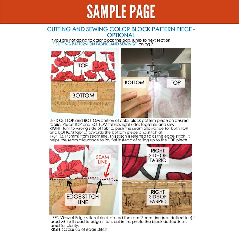 May include: Diagram showing how to sew a colour block pattern piece for a bag. The image shows two pieces of fabric with a floral print, one red and one white, being sewn together. The image also shows the seam allowance and edge stitch.