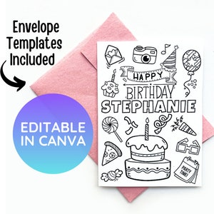 Personalized Happy Birthday Coloring Card INSTANT DOWNLOAD. Editable Kids Coloring Birthday Card. Print at Home