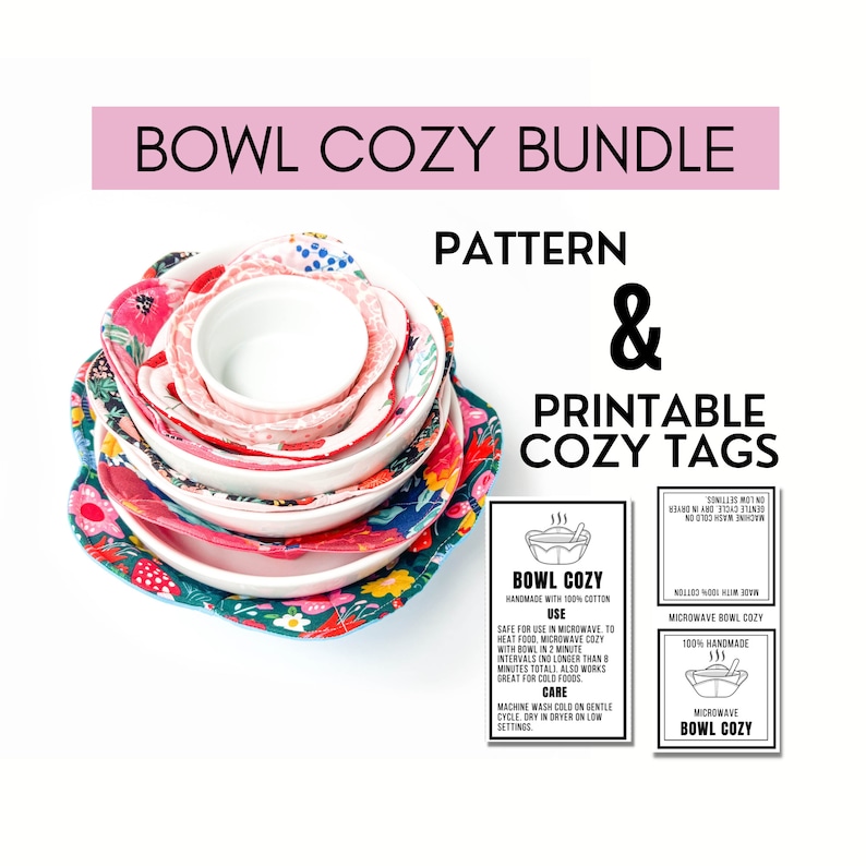 May include: A stack of colorful bowl cozies with a floral pattern. The cozies are made of fabric and are designed to keep food warm or cold. The image also includes printable tags for the cozies, which include instructions for use and care. The tags are black and white and feature a simple illustration of a bowl with steam coming out of it.