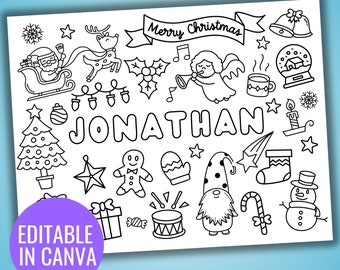 INSTANT DOWNLOAD, Christmas Personalized Coloring Placemat, Kid’s Activity, for Children, Gift Stocking Filler, Editable Name