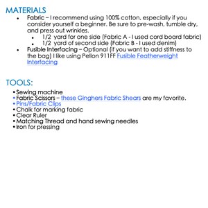 May include: A list of materials and tools required to make a bag. The materials include 100% cotton fabric, cord board fabric, denim, and fusible interfacing. The tools include a sewing machine, fabric scissors, pins, chalk, a ruler, thread, and an iron.