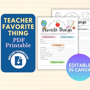 EDITABLE Teacher Favorite Things Printable. INSTANT DOWNLOAD. Favorites Things List. Printable Questions. Teacher Favorite Survey.