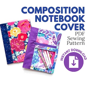 May include: Two fabric composition notebook covers featuring floral patterns. One cover has a dark blue spine with white dots and a pink, yellow, and blue floral print. The other has a purple spine, a zippered pocket, and a clear window with pens.
