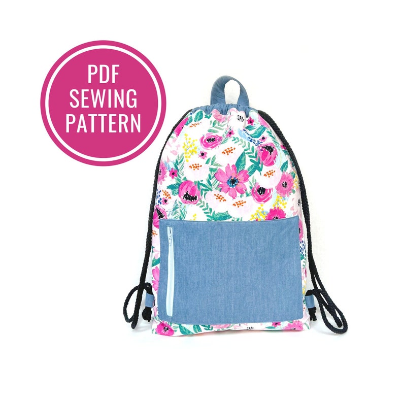 Drawstring Backpack With Zipper Pocket PDF Sewing Pattern 2 Sizes image 1