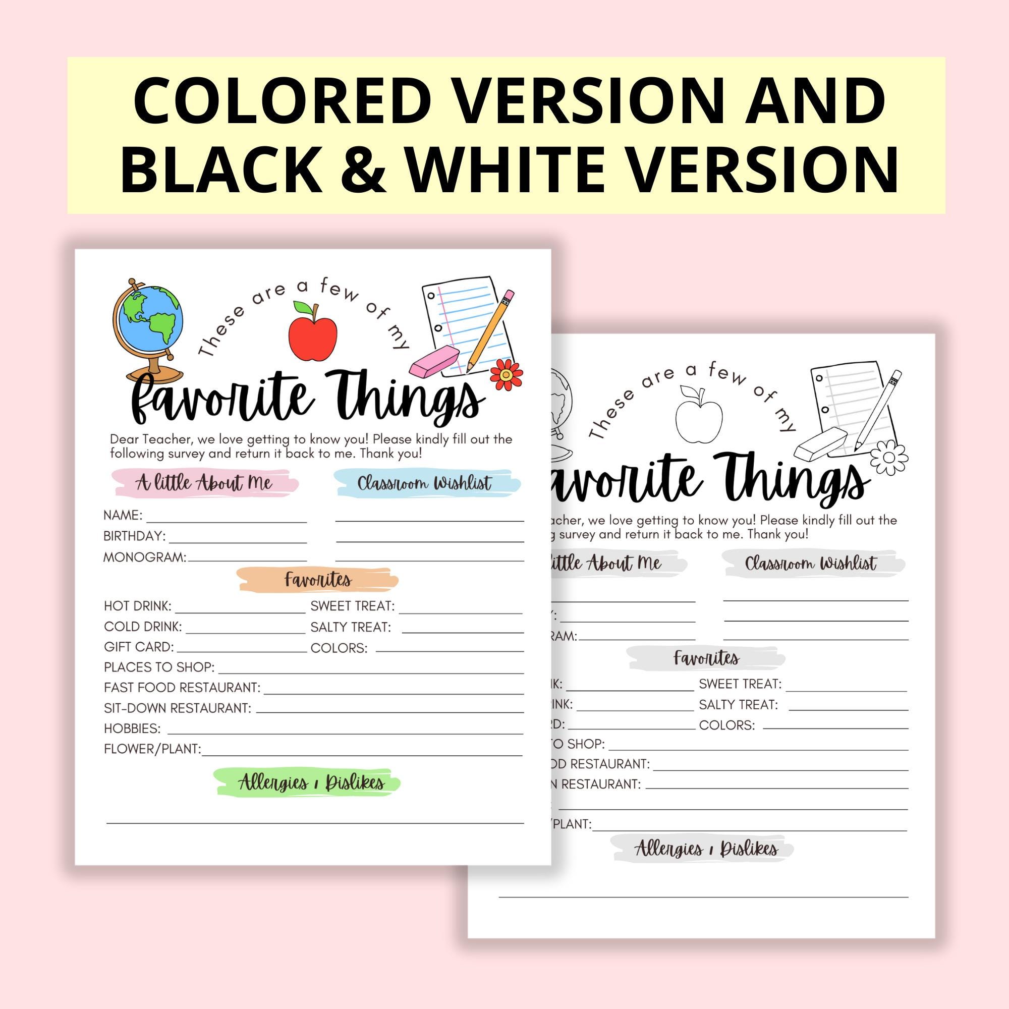 Teacher Favorite Things Printable, Editable Survey (PDF Download) - Etsy