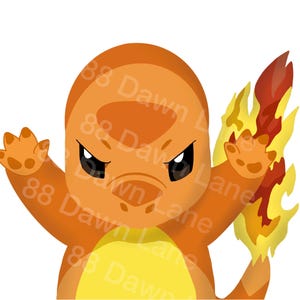 May include: A digital illustration of a small orange creature with a yellow belly, pointed ears, and a determined expression. The creature has its arms raised, and a bright yellow and red flame is visible on the tip of its tail behind it.