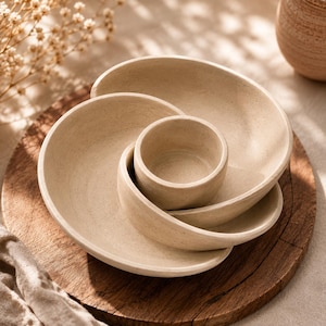 May include: A beige ceramic serving dish featuring a spiral design with three curved, interconnected compartments and a central circular bowl. The surface has a speckled, matte texture, and the overall shape creates a continuous, flowing form.