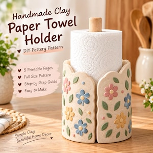 Vorlage für eine Papierhandtuchhalter-Platte mit botanischem Keramikmotiv, druckbare PDF-Datei, Keramikmuster, Ton, Handaufbau