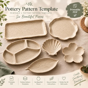 May include: A set of six beige speckled ceramic-style plates and dishes including a rectangular tray, a scalloped round plate, a three-section oval dish, a shell-shaped dish, a flower-shaped dish, and a leaf-shaped dish with text Pottery Pattern Template.