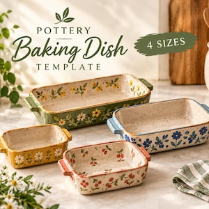 May include: Four rectangular ceramic baking dishes in varying sizes, each featuring a speckled cream interior and a unique exterior pattern: green with yellow flowers, blue with blue flowers, yellow with white daisies, and red with red cherries.