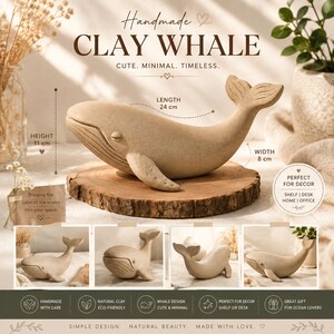 Peut inclure: Une figurine de baleine en argile beige à la surface texturée, mesurant 24 cm de longueur, 11 cm de hauteur et 8 cm de largeur. La baleine présente un œil fermé, une queue courbée et des détails rainurés. Le texte indique Handmade Clay Whale.