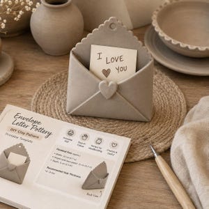 Puede incluir: Un bolsillo de pared de cerámica gris mate con forma de sobre, borde superior festoneado, un pequeño cierre en forma de corazón y un orificio para colgar. Una nota blanca con el texto manuscrito I LOVE YOU y un corazón está insertada.