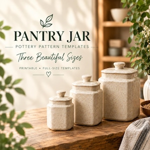 May include: Three beige speckled ceramic pantry jars with lids in varying sizes. The text reads: PANTRY JAR, POTTERY PATTERN TEMPLATES, Three Beautiful Sizes, PRINTABLE • FULL-SIZE TEMPLATES. The jars have a hexagonal shape and a smooth finish.