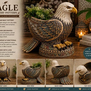 May include: A hand-decorated eagle-shaped pottery planter featuring a white head, brown textured wings, and yellow talons. The base is adorned with geometric patterns. The piece is shown from multiple angles, including front, side, back, and top views.