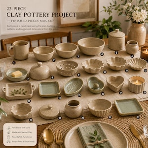 Può includere: Un set di 22 pezzi di ceramica in argilla che comprende vari articoli in ceramica maculata, tra cui tazze, ciotole, barattoli con coperchio e piccoli piatti. La collezione presenta toni naturali della terra e finiture testurizzate, numerate.