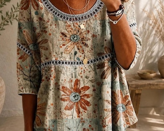 Boho-Bluse für Damen, geblümt, aus Baumwoll-Leinen-Mischgewebe, bedruckt, Rundhalsausschnitt, locker geschnitten, lange Ärmel, Tunika-Oberteil