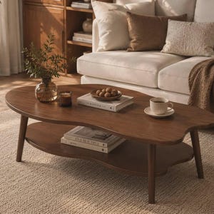 Peut inclure: Une table basse en bois brun foncé avec un plateau organique en forme de haricot et une étagère inférieure assortie. La table présente quatre pieds fuselés et une finition lisse, offrant une surface pour un vase, une bougie, des livres et une tasse.