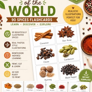 May include: A set of 90 Montessori Spices of the World flashcards featuring realistic illustrations of various spices. The cards include labels for cinnamon, star anise, cloves, cardamom, nutmeg, and black pepper, with additional sheets showing turmeric, cumin, white pepper, pink peppercorn, bay leaves, saffron, rosemary, and more.