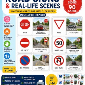 Könnte beinhalten: Ein Set aus 90 druckbaren Zuordnungskarten mit 45 Verkehrsschildern und 45 realen Szenen. Die Karten zeigen verschiedene Verkehrsschilder wie Stopp, Vorfahrt gewähren, Geschwindigkeitsbegrenzung, Einfahrt verboten, Parkverbot und kein Wenden.