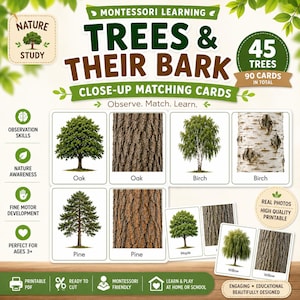 Peut inclure: Un ensemble de cartes d'apprentissage Montessori intitulé Trees & Their Bark, comprenant 45 arbres et 90 cartes au total. Les cartes présentent des photos réelles de divers arbres avec des gros plans de leur écorce, étiquetés Oak, Birch, Pine, Maple et Willow.