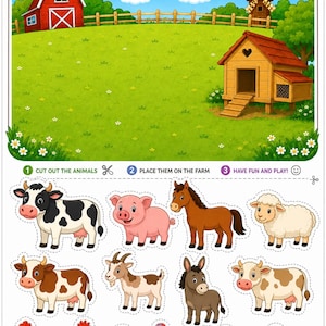 Create your own farm scene with this fun printable cut-and-play activity! Children can cut out the farm animals and place them anywhere