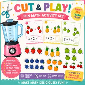 Könnte beinhalten: Ein Cut & Play Mathe-Aktivitätsset mit einem rosa Mixer, drei Rechenkarten mit Additionsaufgaben und über dreißig Obst-Ausschnitten, darunter Erdbeeren, Ananas, Äpfel, Blaubeeren, Orangen und Kirschen zum Zählen und Addieren von Zahlen.