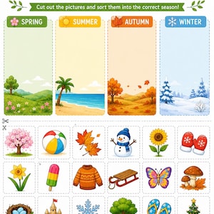 May include: A 4 Seasons Cut & Sort educational worksheet featuring four vertical columns labeled Spring, Summer, Autumn, and Winter. Below are eighteen individual squares with illustrations of seasonal items like a snowman, tree, and beach ball.