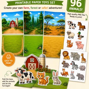 Könnte beinhalten: Ein druckbares Papierspielzeug-Set mit dem Titel FOLD & PLAY SCENES & ANIMALS, das 96 Tierillustrationen, drei verschiedene Landschaftshintergründe wie Bauernhof, Wald und Safari sowie ausgeschnittene Figuren von Kuh, Katze und Hase enthält.