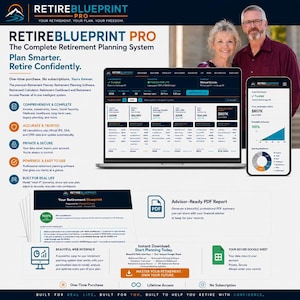 May include: RetireBlueprint Pro retirement planning software displayed on a laptop and smartphone screen. The interface shows financial data, charts, and retirement projections. The promotional material includes text detailing features like a web interface, PDF reports, and Google Sheets integration for comprehensive financial planning.