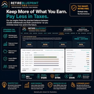 Puede incluir: Un panel digital titulado Retire Blueprint Pro que muestra datos de planificaci&oacute;n financiera. La interfaz incluye un solucionador de conversi&oacute;n Roth, gr&aacute;ficos de tramos impositivos y m&eacute;tricas de perfil fiscal personal. El dise&ntilde;o es azul oscuro con texto en blanco y dorado.