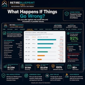 Puede incluir: Una infograf&iacute;a de panel de RetireBlueprint Pro titulada What Happens If Things Go Wrong? que muestra una simulaci&oacute;n de Monte Carlo, datos de pruebas de estr&eacute;s, niveles de gasto extra seguro, probabilidad de &eacute;xito del 92% y m&eacute;tricas financieras.